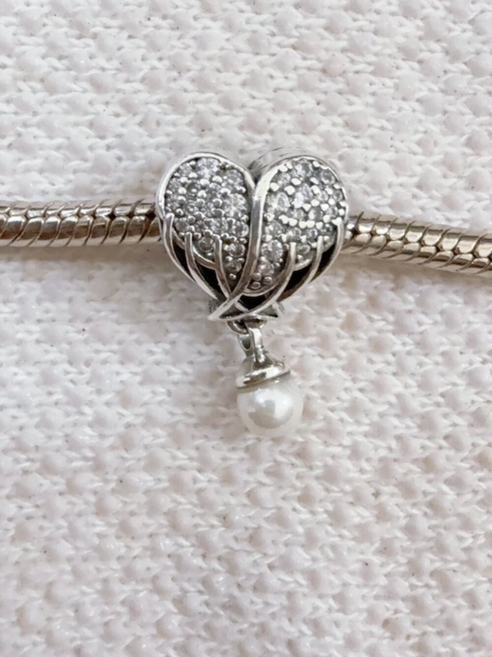 Angel Wings & Heart Charm, Pearl Silver Charm For Pandora Bracelet Necklace